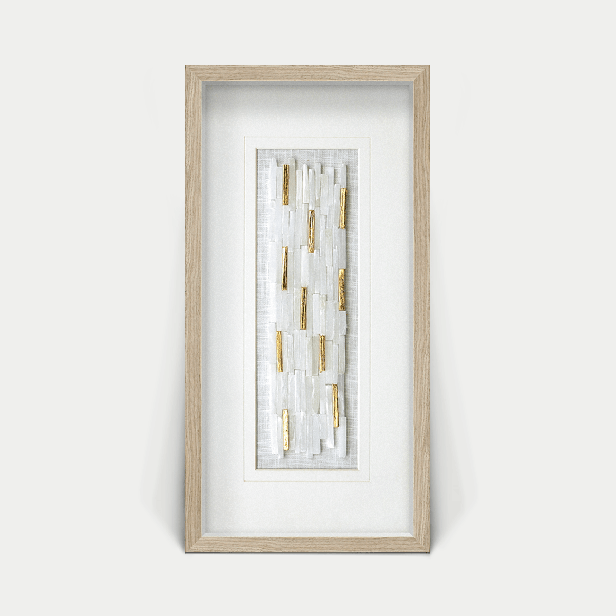 Weiße Selenitstreifen - Wanddeko mit hellgrauem Holzrahmen - Jemento