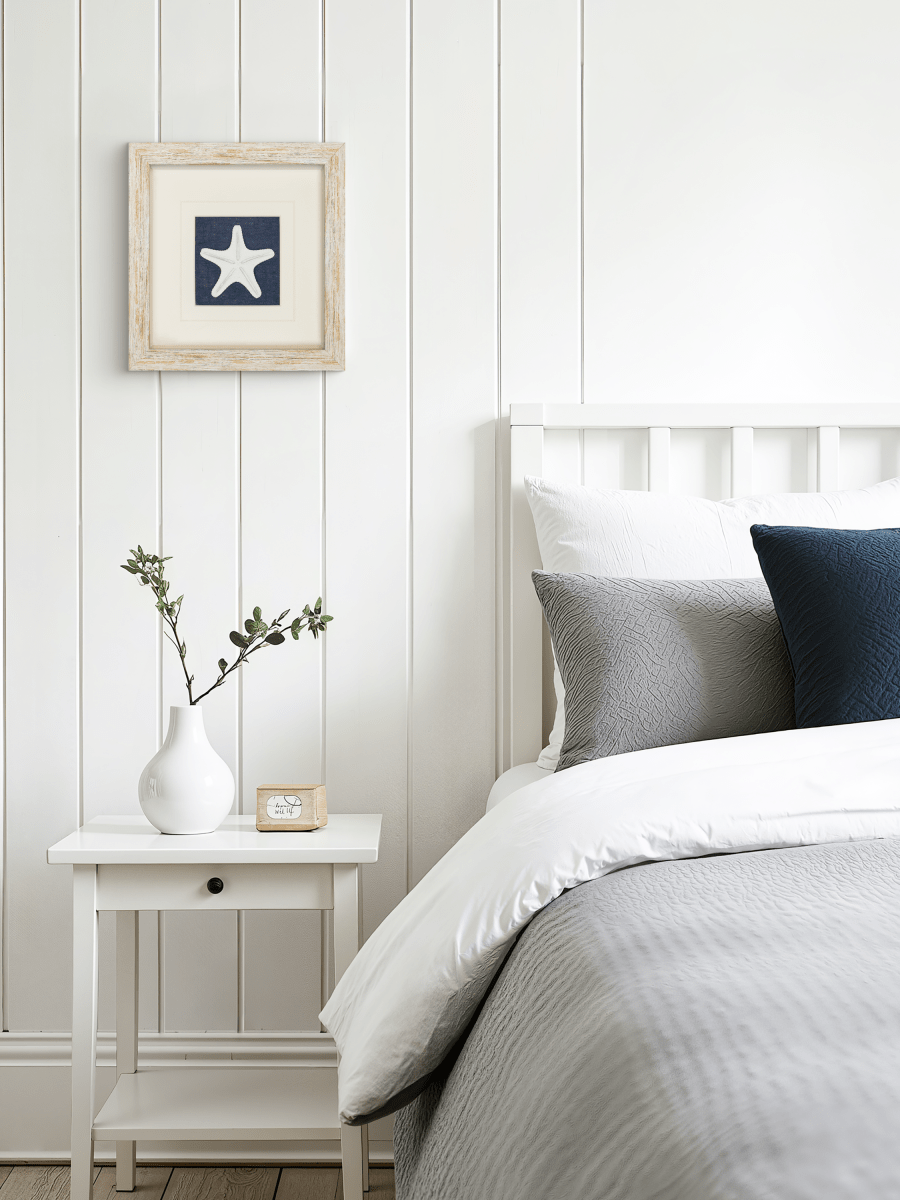 Schlafzimmer Wanddeko im Küstenlook, weißer Seestern über dem Nachtisch - Jemento